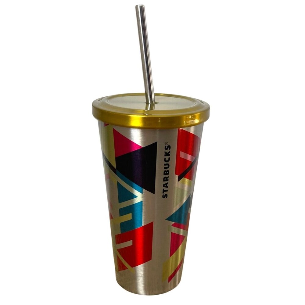 Starbucks 2014 Stainless Steel Geometric Shapes Straw Cold Cup Tumbler 16oz NICE